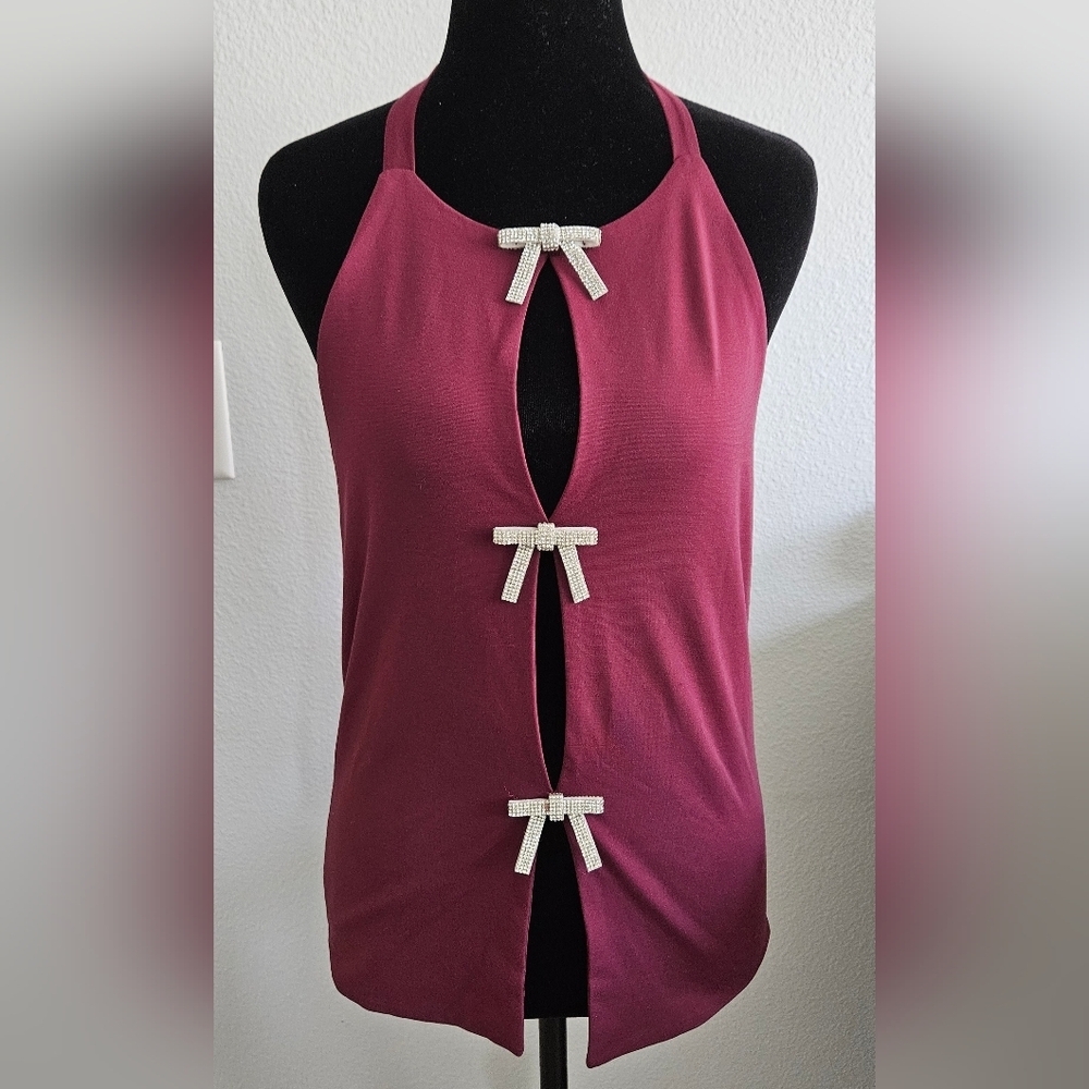 Forever 21 Burgundy Halter Top Rhinestone Bow Cutout Open Front Size L